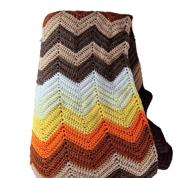 Handmade Afghan Blanket Orange Brown Fall Knit Crochet About 50 x 100 Inches - Picture 9 of 9